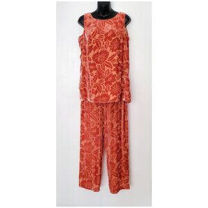Magid Bernard Plush Silk Velvet Burnout Peach 2-Pc Floral Luxe Lounge Set Size S